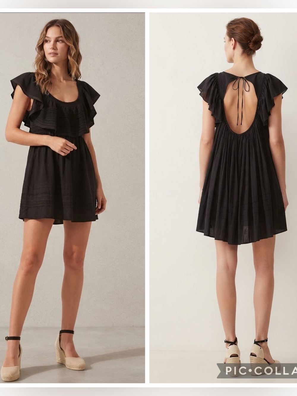 Free People Black Short Babydoll Mini Dress with Open Back and Flutter Sleeves